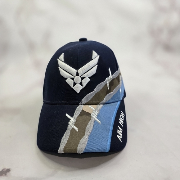 US Air Force Hat Mens Blue Adjustable Strapback Cap Aim High Barbed Wire Stripe - Picture 3 of 10